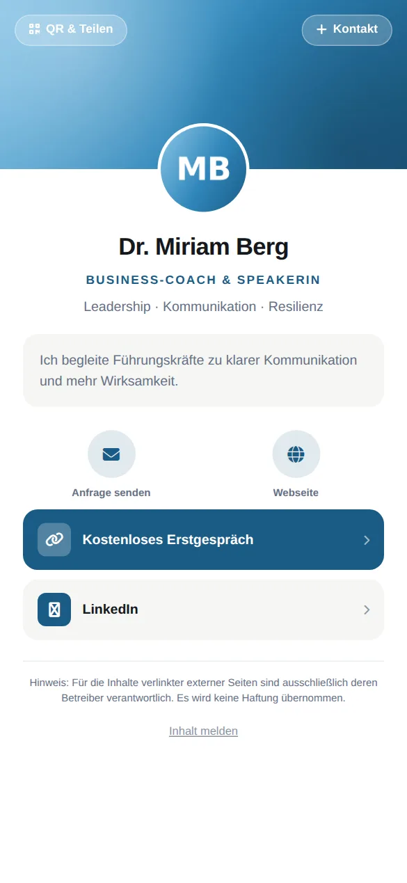 Beispielkarte auf dem Handy: Dr. Miriam Berg, Business-Coach & Speakerin