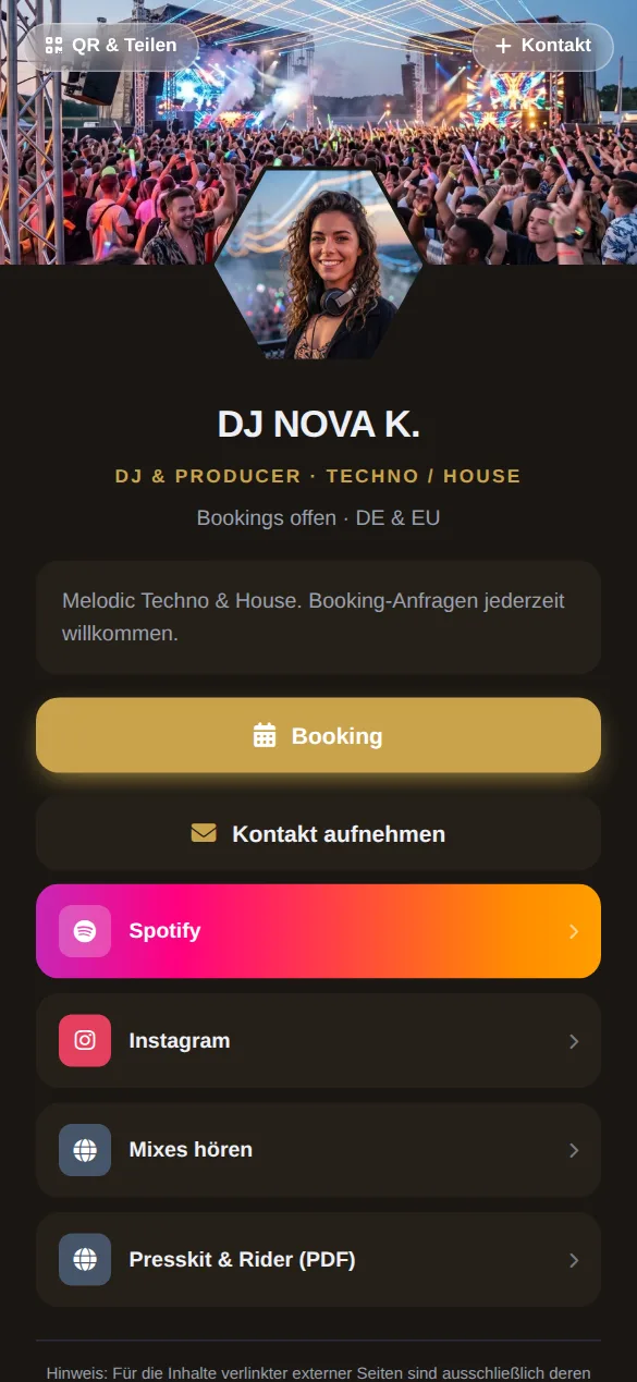 Beispielkarte auf dem Handy: NOVA K., DJ & Producer · Techno / House