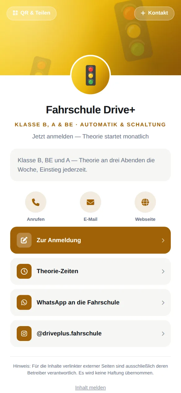 Beispielkarte auf dem Handy: Fahrschule Drive+, Klasse B, A & BE · Automatik & Schaltung