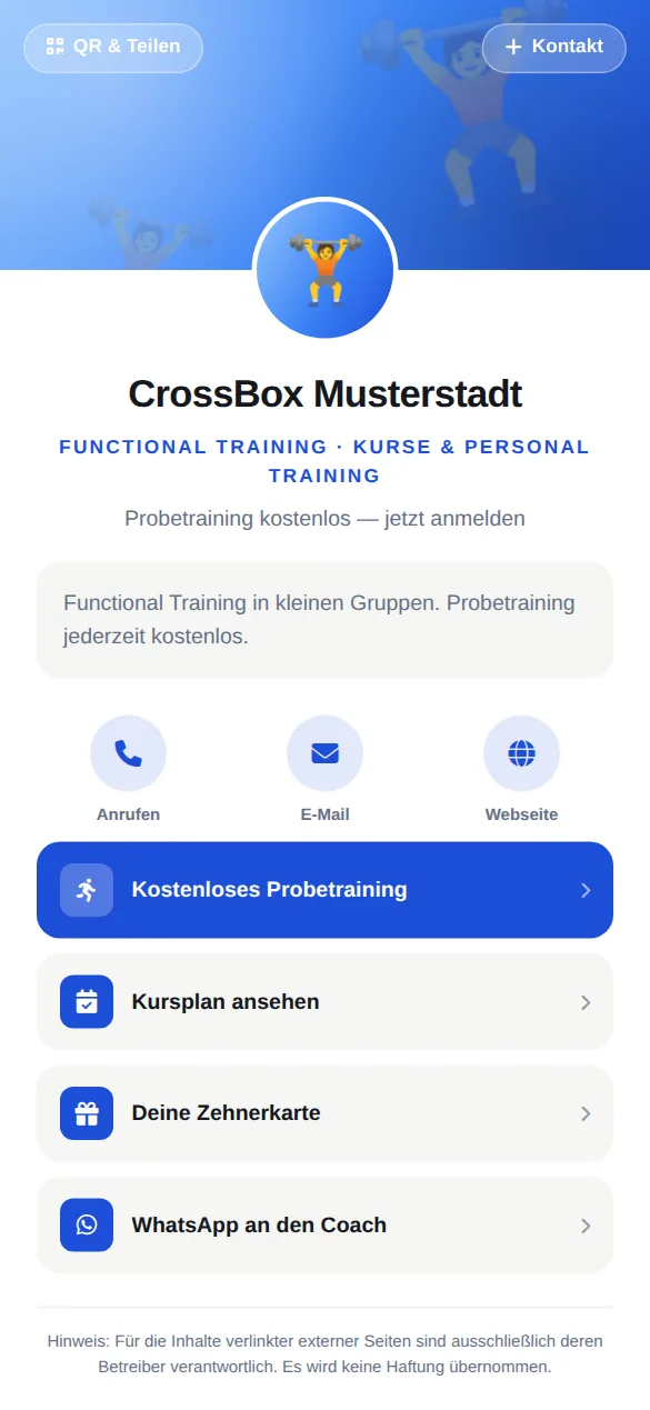 Beispielkarte auf dem Handy: CrossBox Musterstadt, Functional Training · Kurse & Personal Training