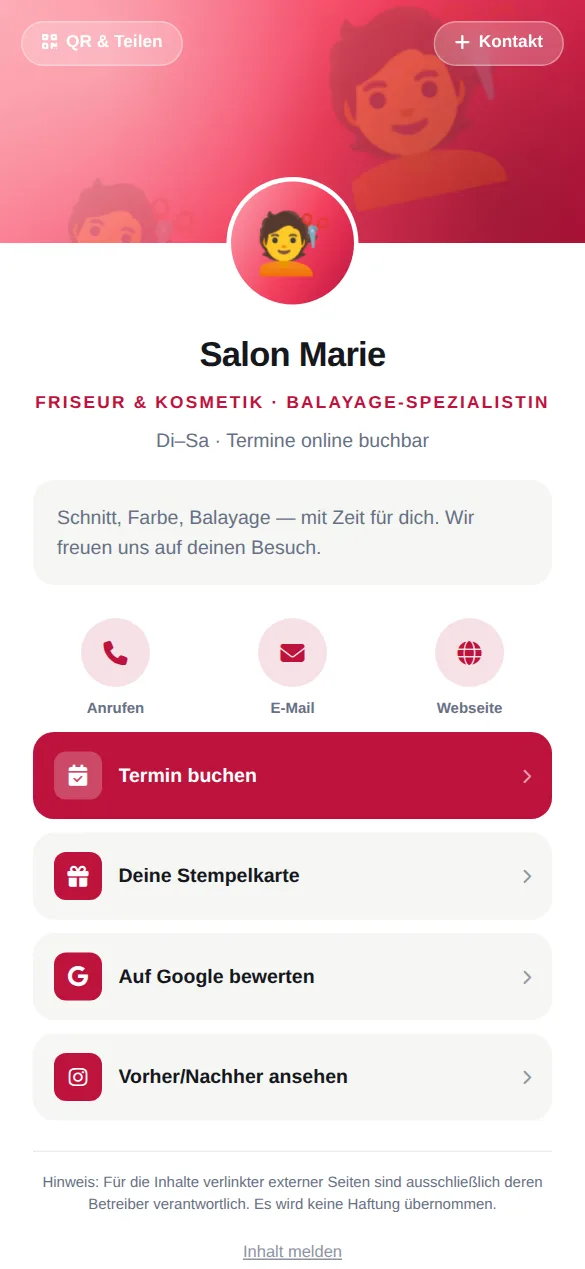 Beispielkarte auf dem Handy: Salon Marie, Friseur & Kosmetik · Balayage-Spezialistin