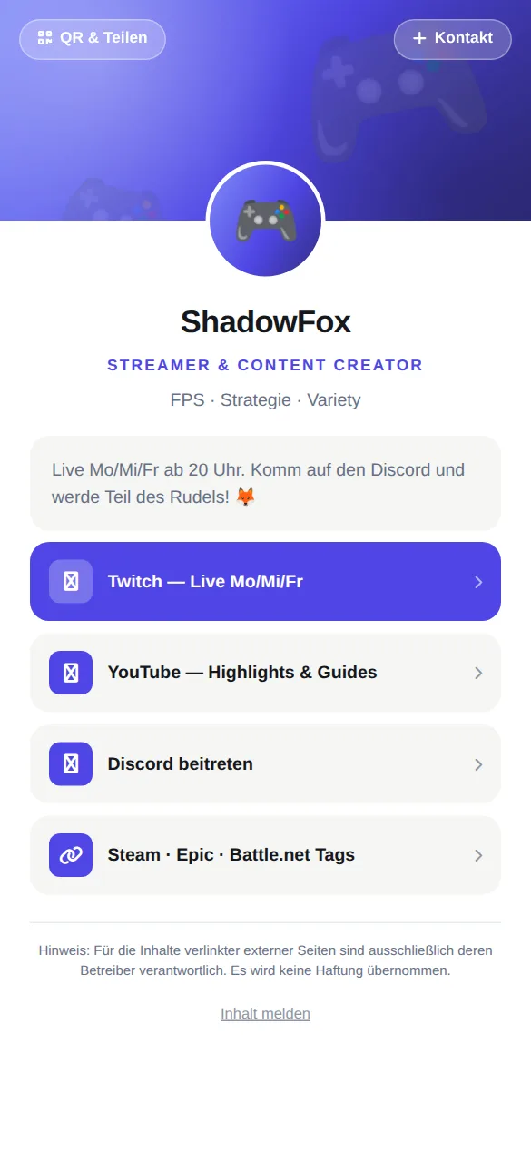 Beispielkarte auf dem Handy: ShadowFox, Streamer & Content Creator