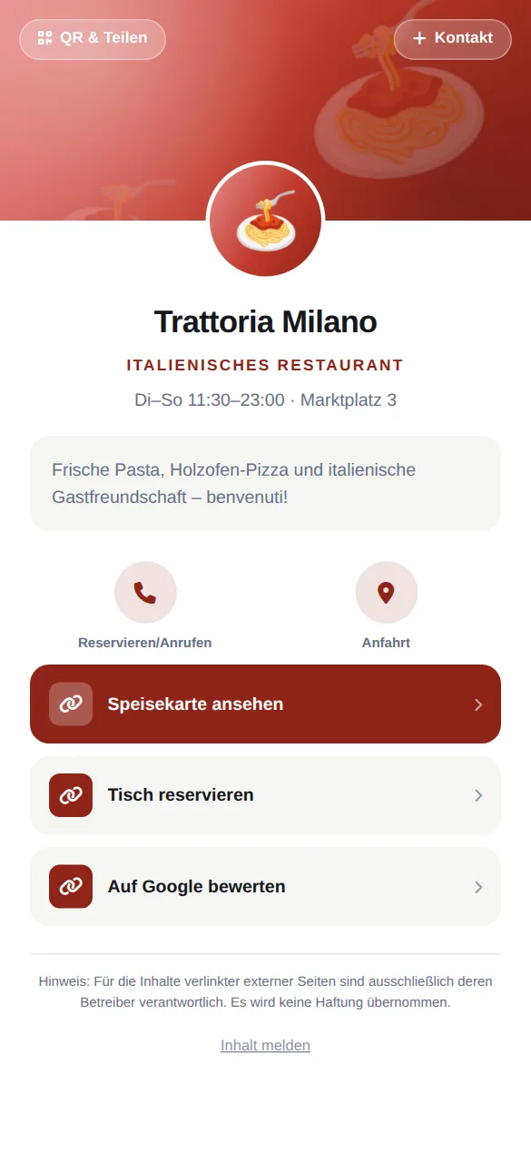 Beispielkarte auf dem Handy: Trattoria Milano, Italienisches Restaurant
