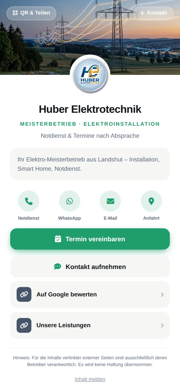 Beispielkarte auf dem Handy: Huber Elektrotechnik, Meisterbetrieb · Elektroinstallation