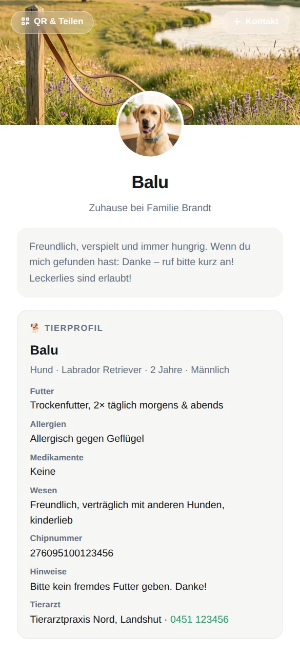 Digitales Tierprofil auf dem Handy: Labrador Balu mit Futter, Allergien, Medikamenten, Chipnummer und Tierarzt.