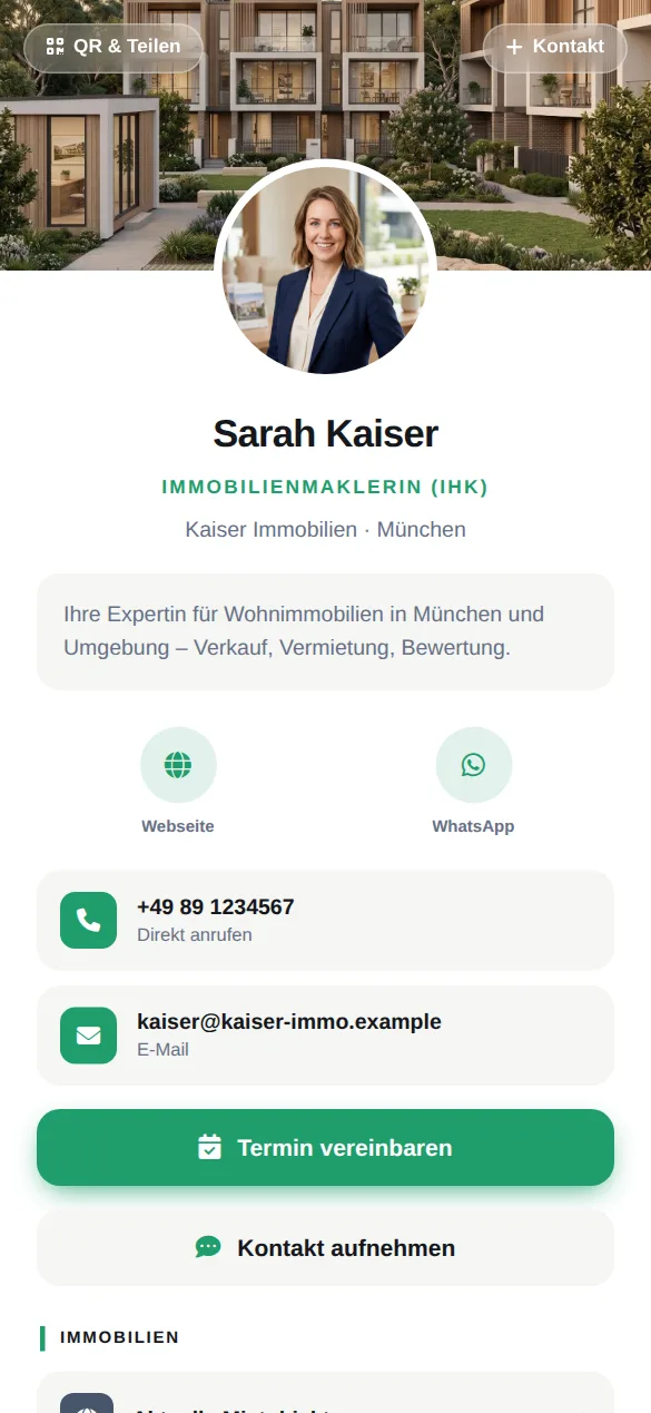 Beispielkarte auf dem Handy: Sarah Kaiser, Immobilienmaklerin (IHK)