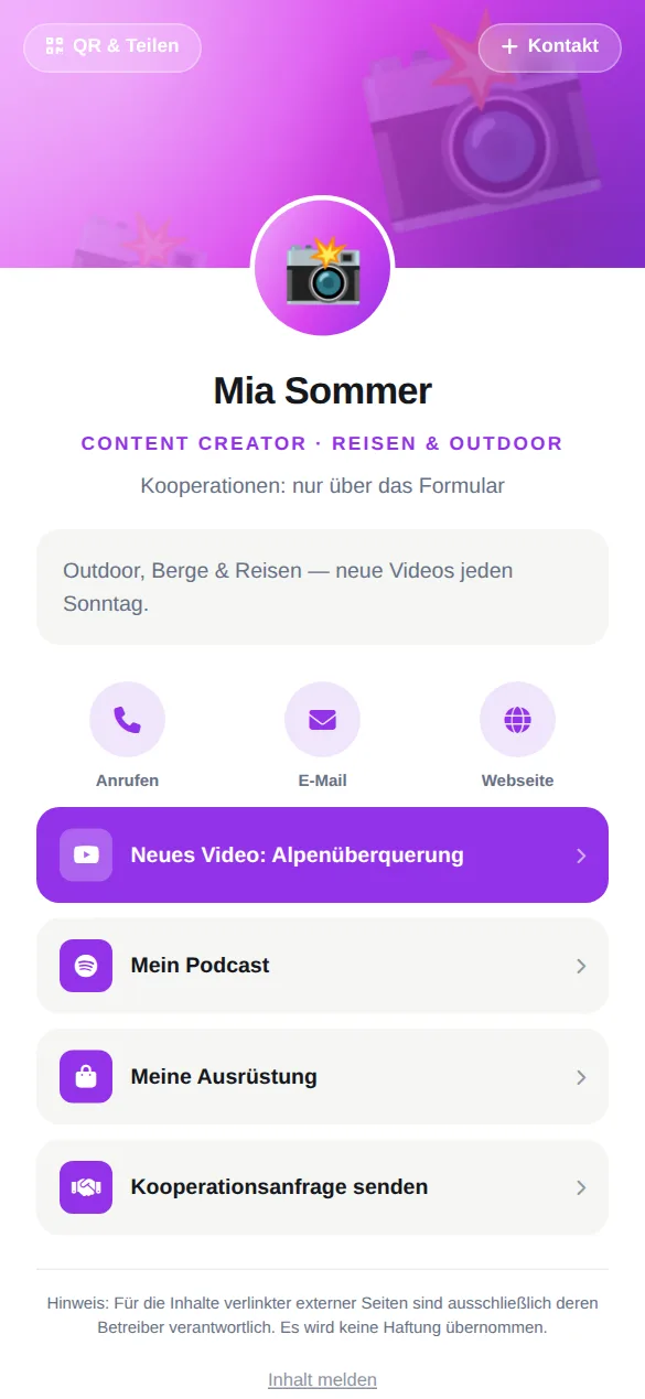 Beispielkarte auf dem Handy: Mia Sommer, Content Creator · Reisen & Outdoor