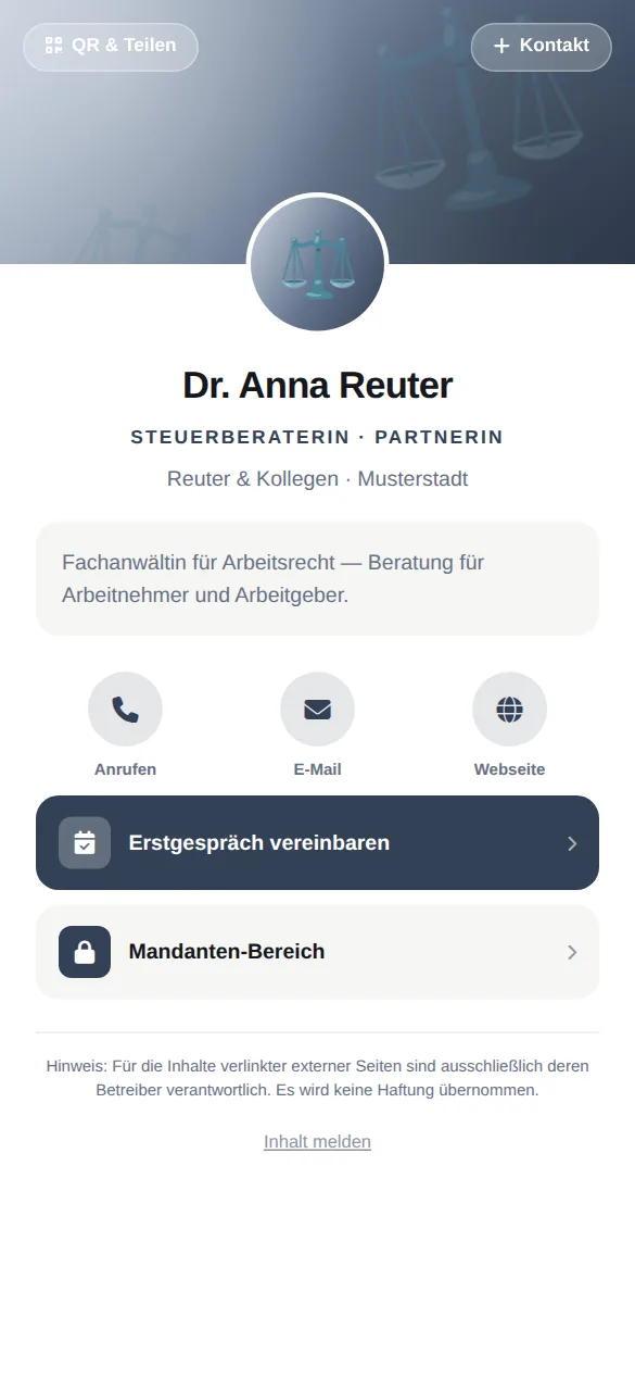 Beispielkarte auf dem Handy: Dr. Anna Reuter, Steuerberaterin · Partnerin