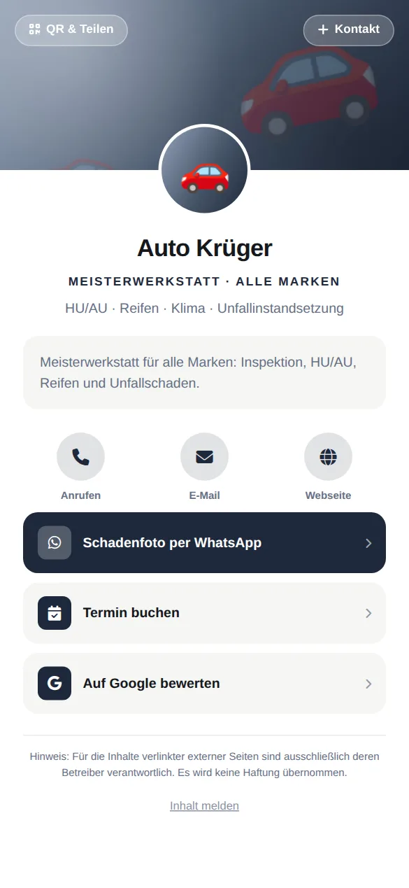 Beispielkarte auf dem Handy: Auto Krüger, Meisterwerkstatt · alle Marken