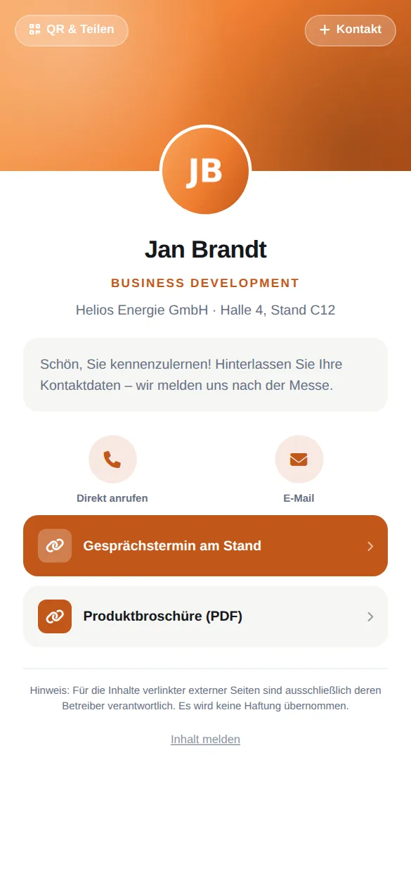 Beispielkarte auf dem Handy: Jan Brandt, Business Development