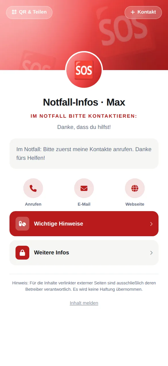 Beispielkarte auf dem Handy: Notfall-Infos · Max, Im Notfall bitte kontaktieren: