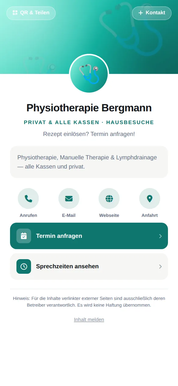 Beispielkarte auf dem Handy: Physiotherapie Bergmann, Privat & alle Kassen · Hausbesuche