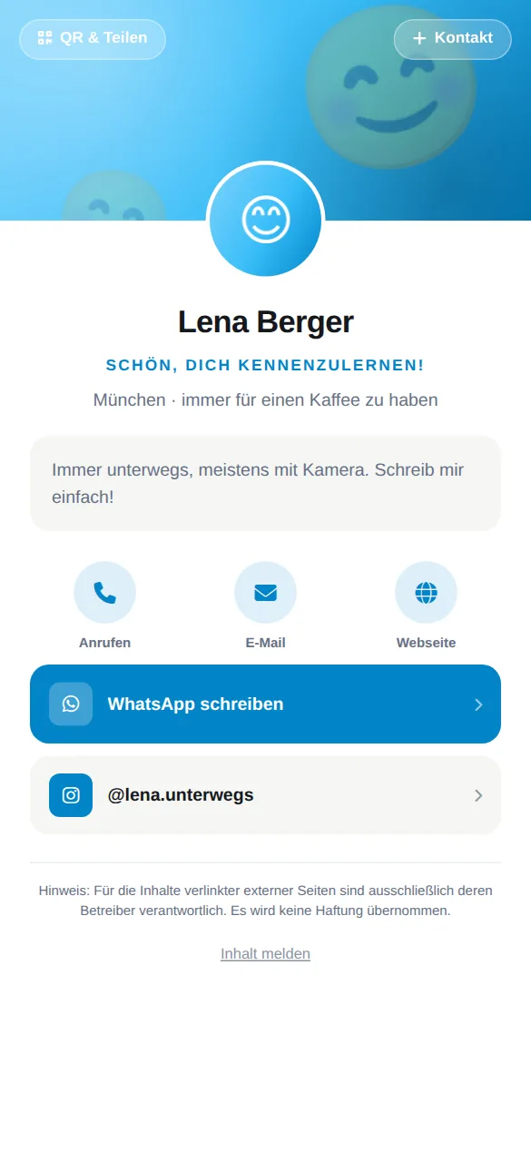 Beispielkarte auf dem Handy: Lena Berger, Schön, dich kennenzulernen!