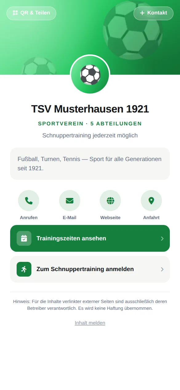 Beispielkarte auf dem Handy: TSV Musterhausen 1921, Sportverein · 5 Abteilungen