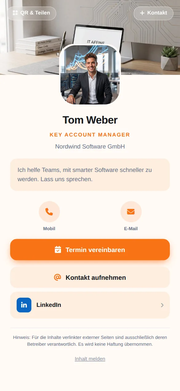 Beispielkarte auf dem Handy: Tom Weber, Key Account Manager
