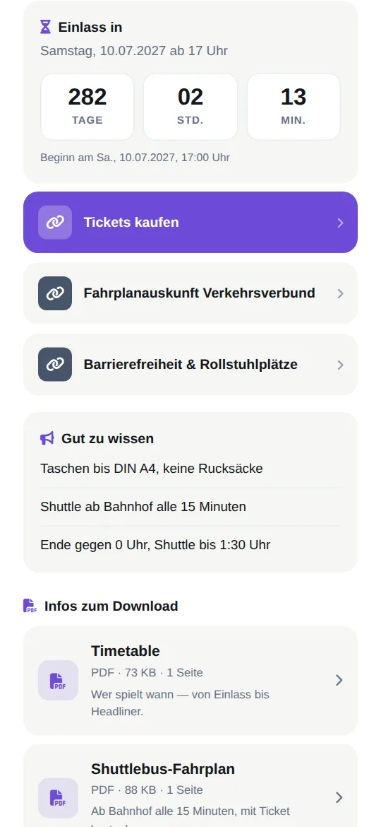 Countdown „Einlass in“, Knopf „Tickets kaufen“, Fahrplanauskunft, Barrierefreiheit und Hinweise