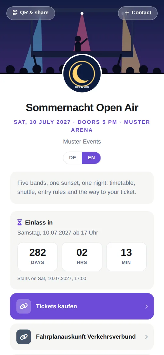 Dieselbe Eventseite auf Englisch: „Sat, 10 July 2027 · doors 5 pm“