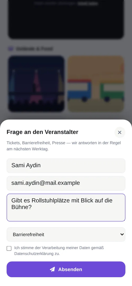 Formular „Frage an den Veranstalter“ mit Frage nach Rollstuhlplätzen und Thema „Barrierefreiheit“