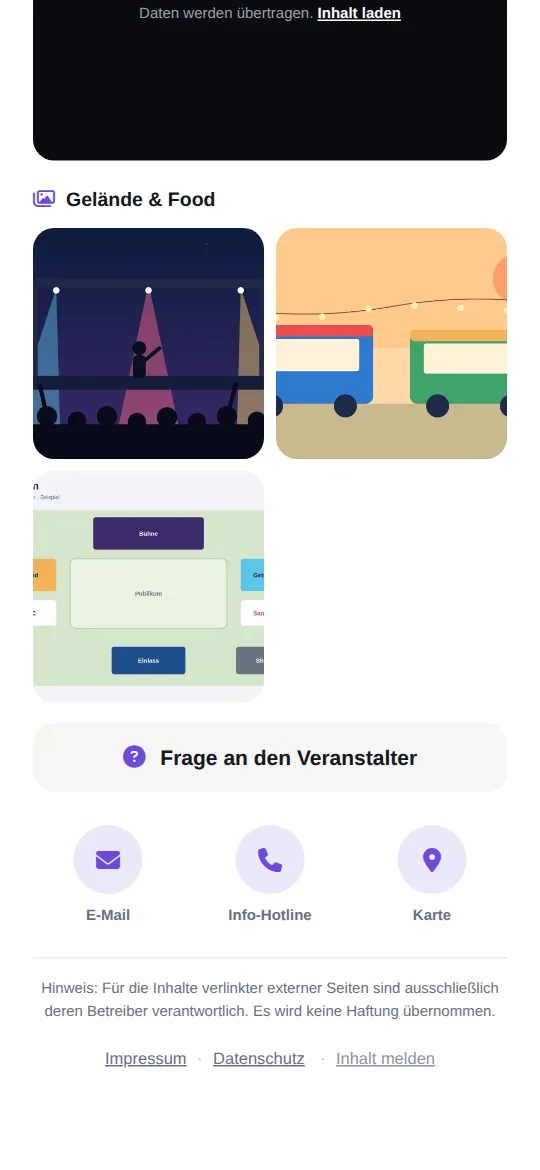 Galerie „Gelände & Food“ mit Bühne, Foodtrucks und Geländeplan, darunter „Frage an den Veranstalter“