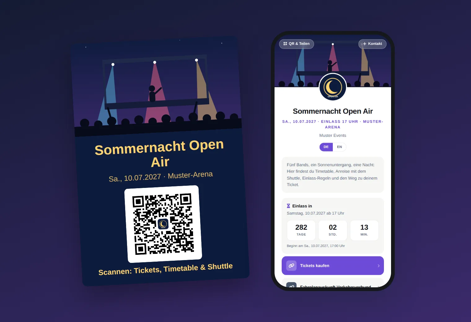 Konzertplakat „Sommernacht Open Air“ mit QR-Code, daneben ein Handy mit der geöffneten Eventseite