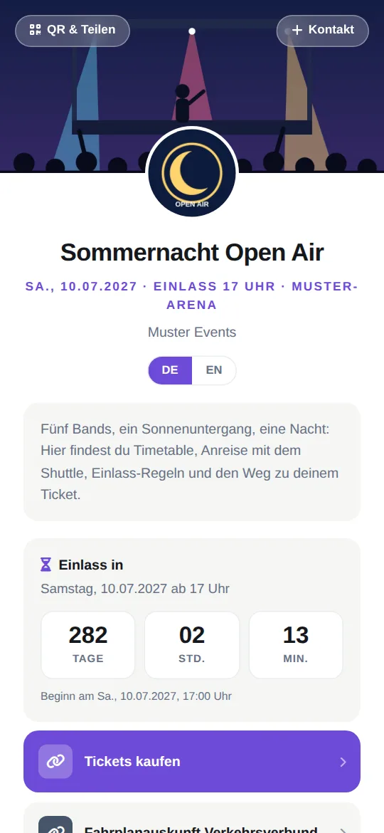 Eventseite „Sommernacht Open Air“ auf dem Handy: Bühne bei Nacht, Datum und Einlass, Beschreibung, Countdown und Knopf „Tickets kaufen“