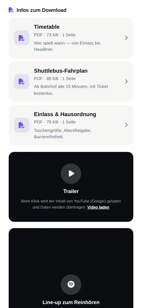 Abschnitt „Infos zum Download“ mit Timetable, Shuttlebus-Fahrplan und Einlass & Hausordnung