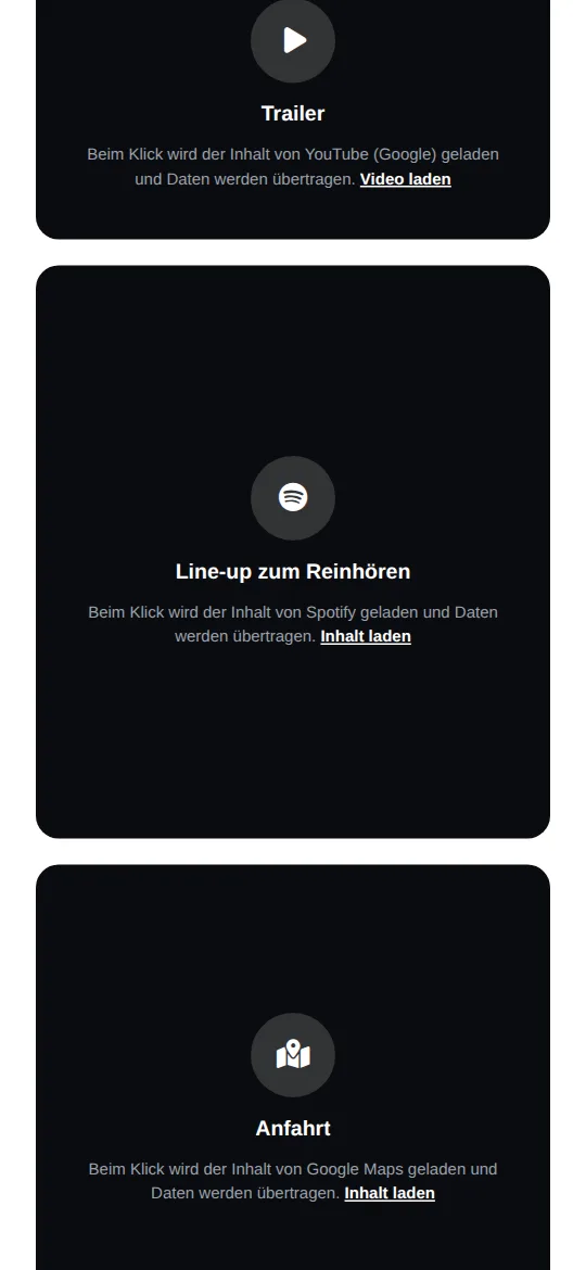 Eingebetteter Trailer, Spotify-Playlist „Line-up zum Reinhören“ und Anfahrtskarte mit Zwei-Klick-Hinweis
