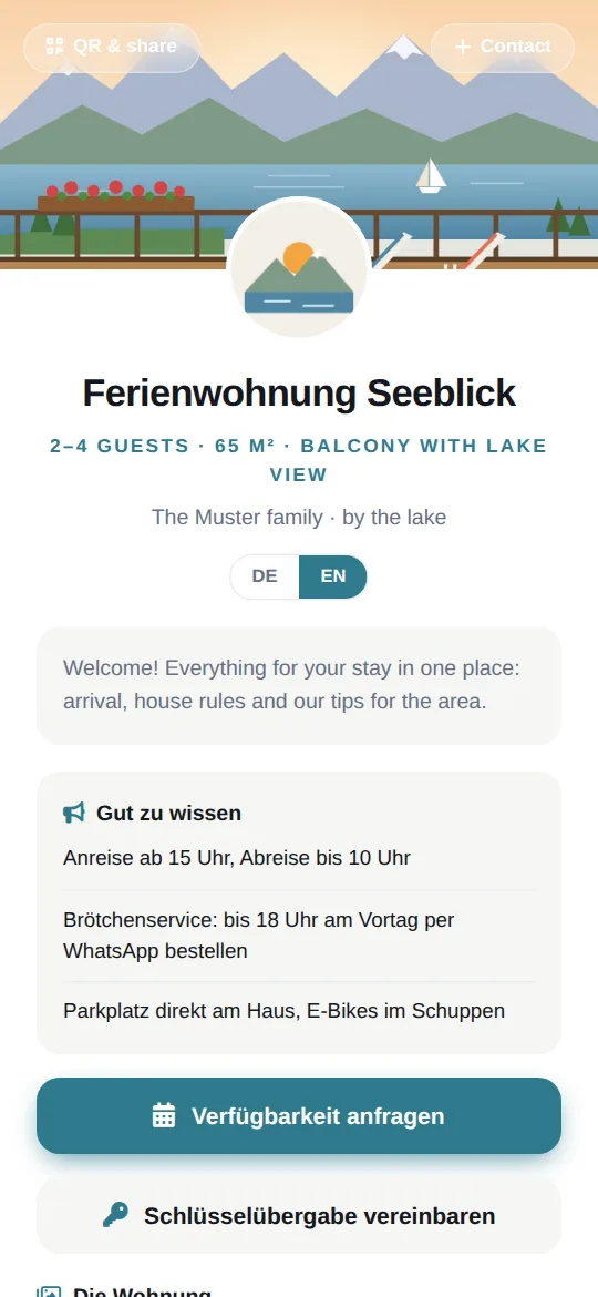 Dieselbe Gästekarte auf Englisch: „2–4 guests · 65 m² · balcony with lake view“ und englischer Begrüßungstext