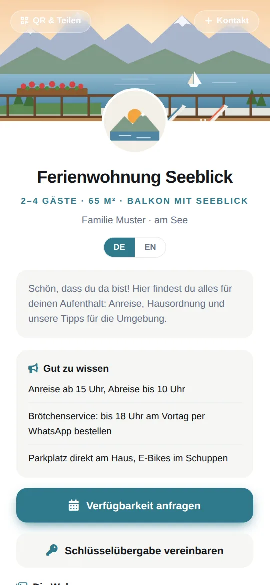 Digitale Gästemappe der Beispiel-Ferienwohnung Seeblick auf dem Handy: Titelbild mit See und Bergen, Begrüßung, Hinweise unter „Gut zu wissen“ und Knopf „Verfügbarkeit anfragen“
