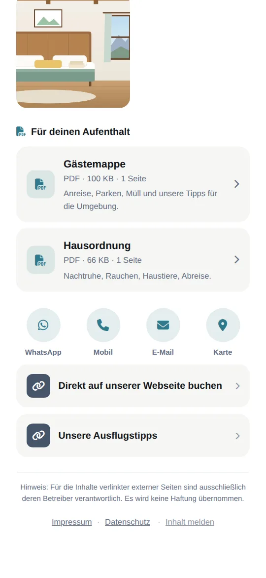 Abschnitt „Für deinen Aufenthalt“ mit den Dokumenten Gästemappe und Hausordnung, darunter WhatsApp, Mobil, E-Mail und Karte