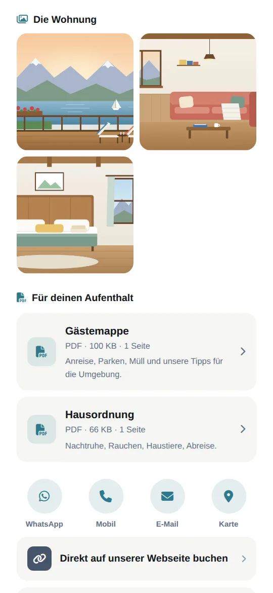 Galerie „Die Wohnung“ mit drei Bildern: Balkon mit Seeblick, Wohnstube, Schlafzimmer