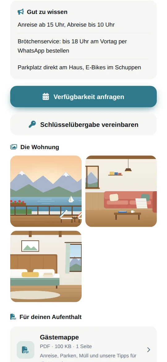 Abschnitt „Gut zu wissen“ mit drei Hinweisen zu Anreise, Brötchenservice und Parkplatz, darunter die Knöpfe „Verfügbarkeit anfragen“ und „Schlüsselübergabe vereinbaren“