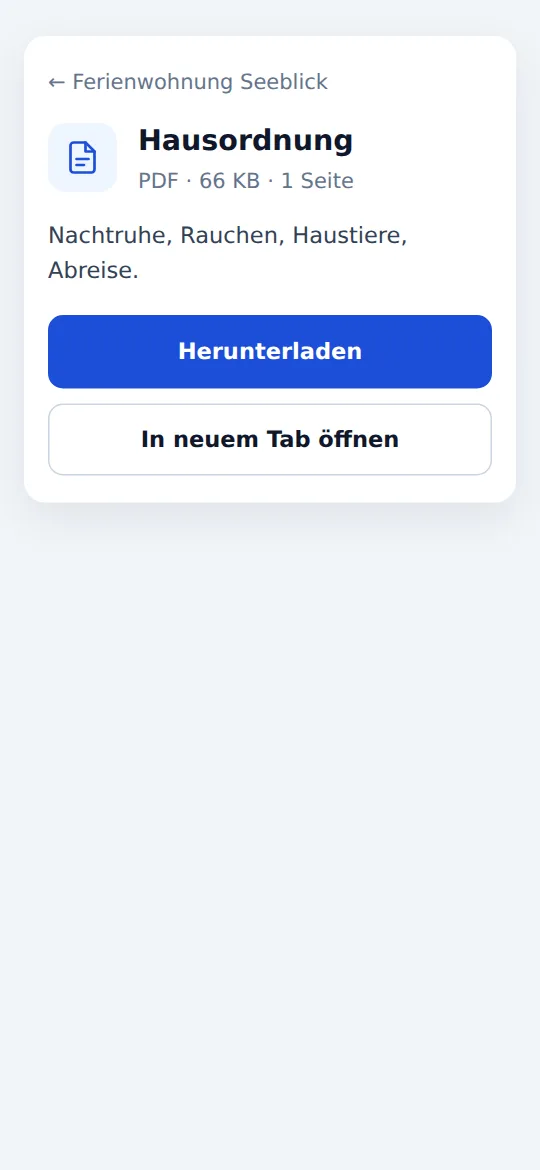 Dokumentseite „Hausordnung“ mit Beschreibung und den Knöpfen „Herunterladen“ und „In neuem Tab öffnen“