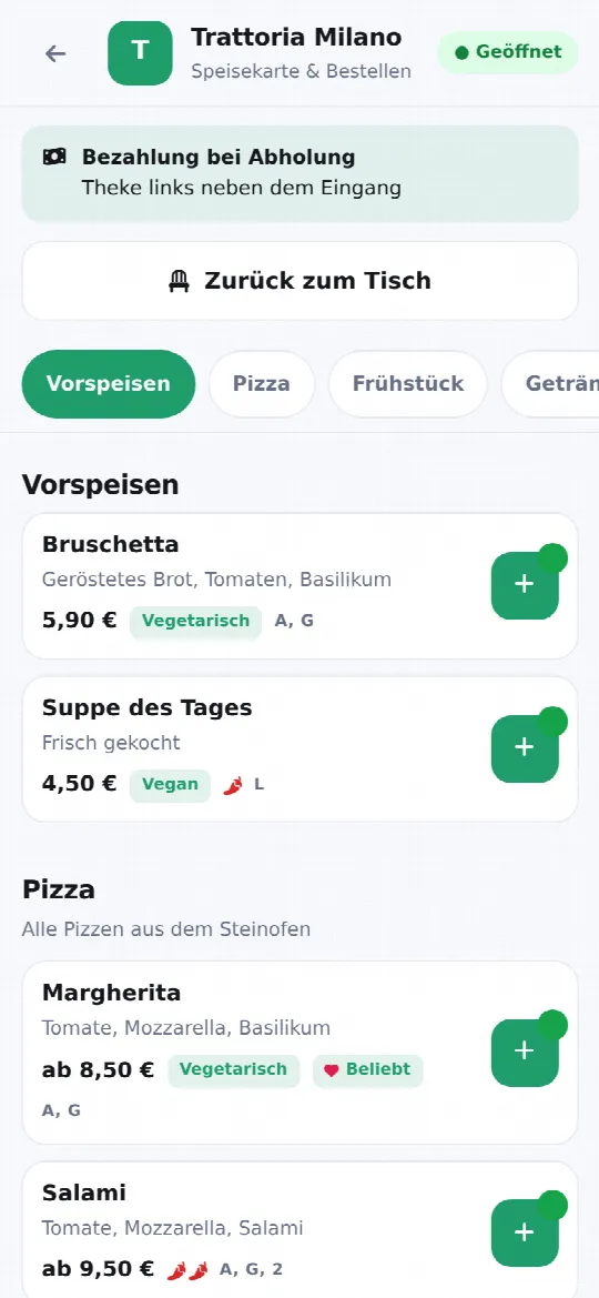 Digitale Speisekarte mit Bestellfunktion auf dem Handy: Gerichte mit Preisen, Allergenen, Schärfegrad und Beliebt-Kennzeichnung