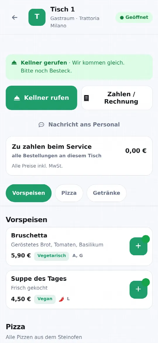 QR-Code-Tischbestellung auf dem Handy: Tischseite mit Kellner rufen, Rechnung anfordern und Speisekarte