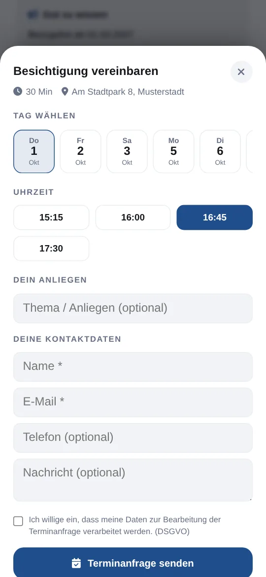 Fenster „Besichtigung vereinbaren“: 30 Minuten am Objekt, Tag und Uhrzeit wählen, 16:45 Uhr ausgewählt