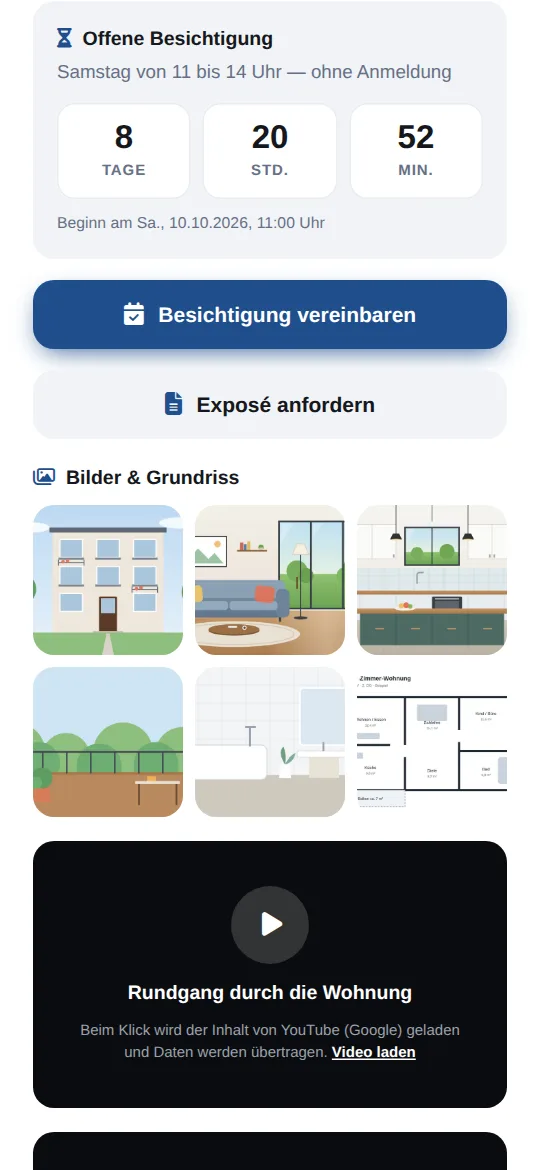 Countdown „Offene Besichtigung“ mit Tagen, Stunden und Minuten, darunter die Knöpfe „Besichtigung vereinbaren“ und „Exposé anfordern“