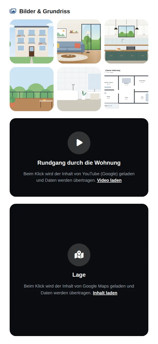 Galerie „Bilder & Grundriss“ mit sechs Bildern, darunter der Video-Rundgang