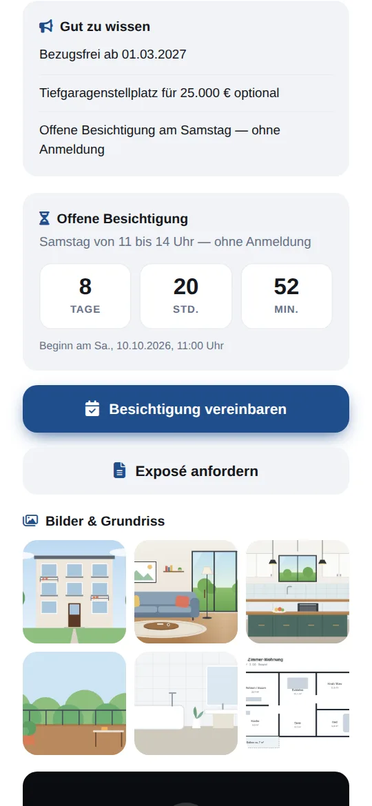Abschnitt „Gut zu wissen“ mit drei Hinweisen und darunter der Countdown „Offene Besichtigung“