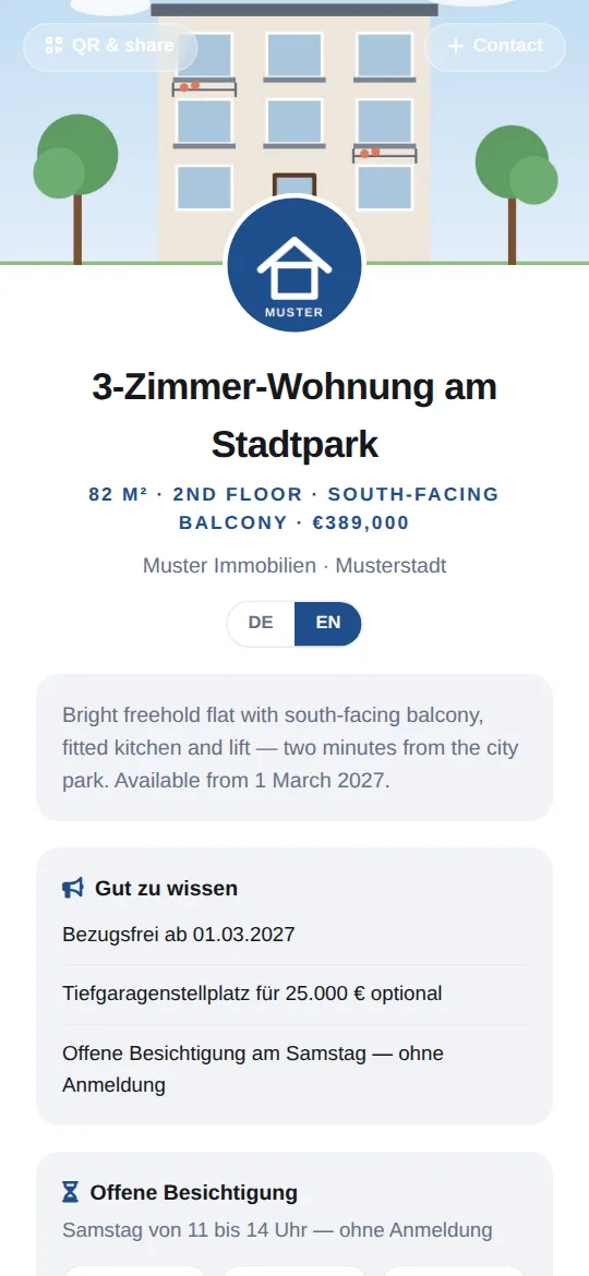 Dieselbe Exposé-Karte auf Englisch: „82 m² · 2nd floor · south-facing balcony · €389,000“