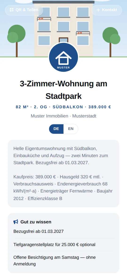 Digitales Exposé der Beispielwohnung „3-Zimmer-Wohnung am Stadtpark“ auf dem Handy: Titelbild, Makler-Logo, Eckdaten, Beschreibung mit Energiekennwerten und Hinweise