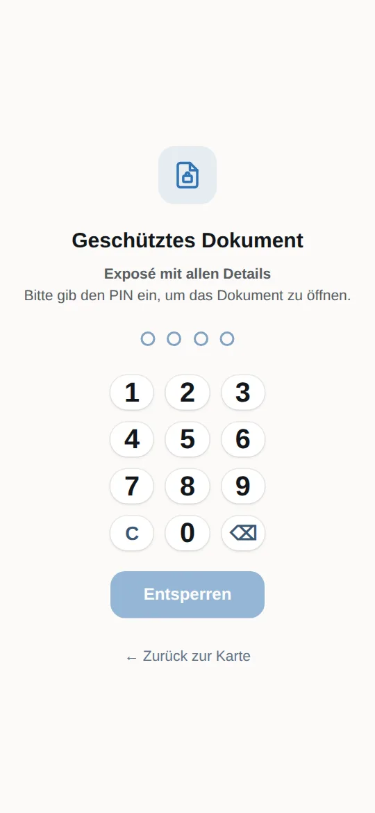 Seite „Geschütztes Dokument – Exposé mit allen Details“ mit Ziffernfeld für die PIN