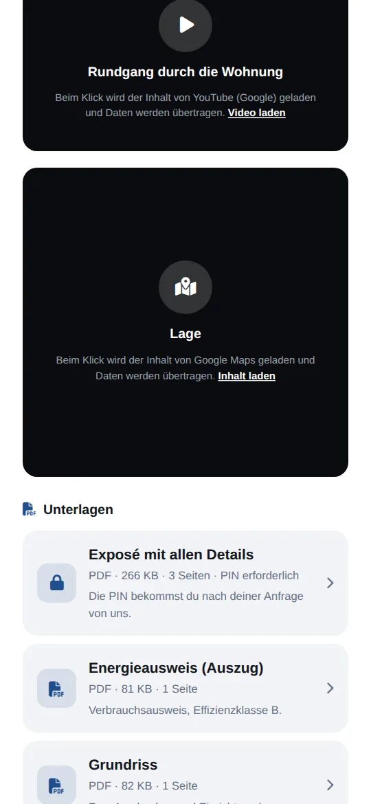 Eingebetteter Video-Rundgang und Google-Maps-Karte „Lage“, beide mit Hinweis, dass Inhalte erst nach Klick geladen werden