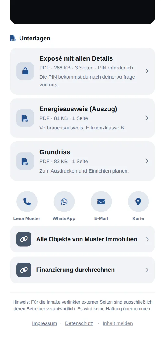 Abschnitt „Unterlagen“: Exposé mit allen Details (PIN erforderlich), Energieausweis und Grundriss als PDF, darunter Kontaktknöpfe