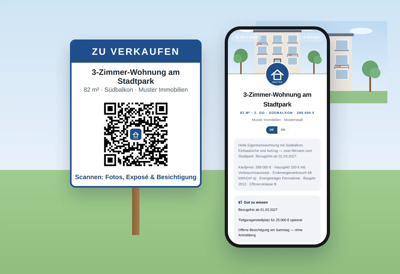 Verkaufsschild „Zu verkaufen – 3-Zimmer-Wohnung am Stadtpark“ mit QR-Code vor der Wohnanlage, daneben ein Handy mit dem geöffneten Exposé