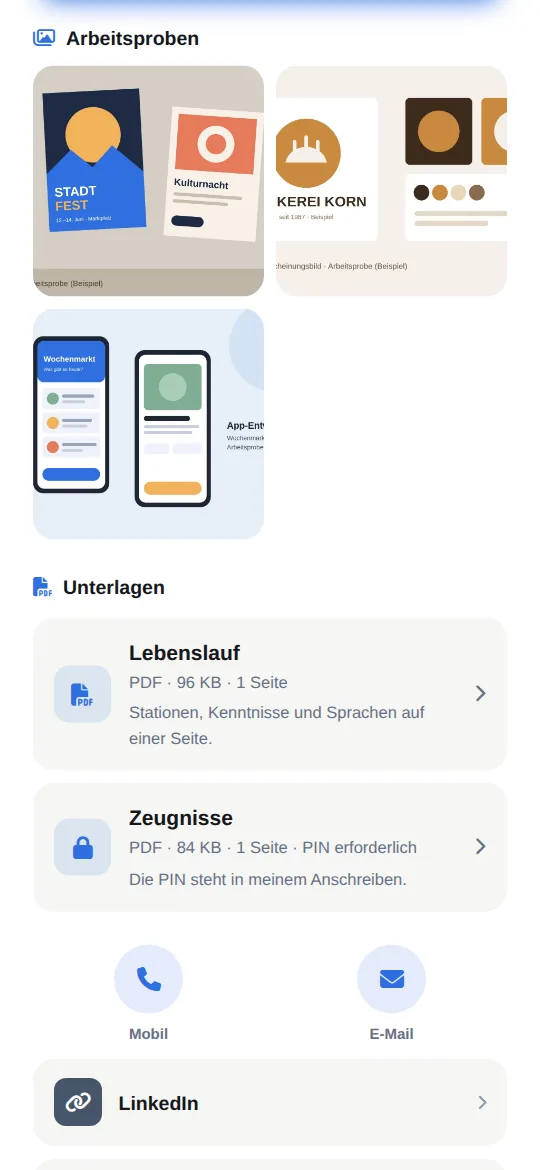 Galerie „Arbeitsproben“ mit drei Bildern: Plakatreihe, Logo einer Bäckerei, App-Entwurf