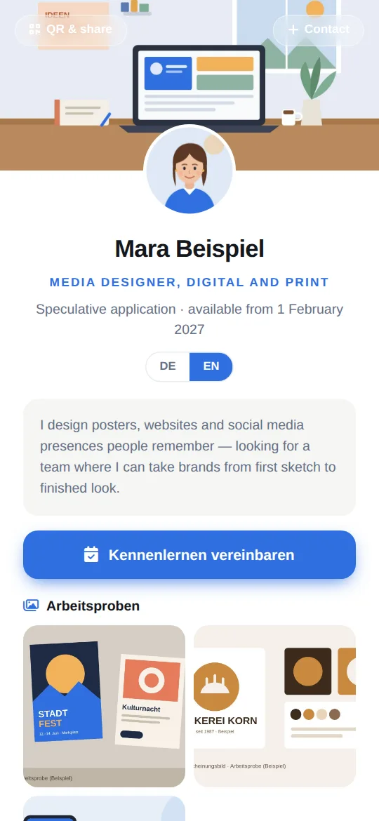 Dieselbe Bewerbungskarte auf Englisch: „Media designer, digital and print“ und englische Kurzvorstellung