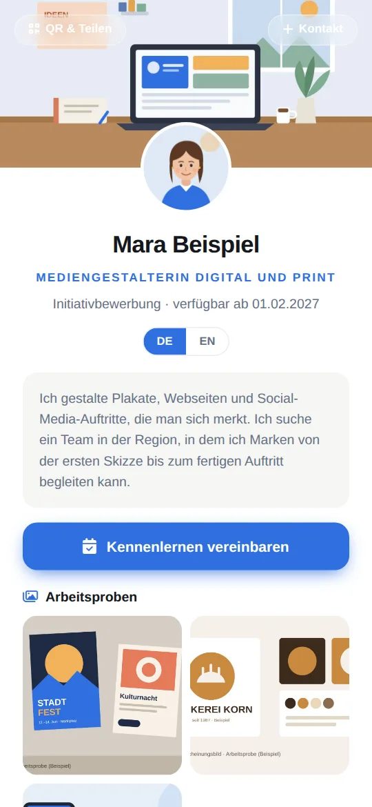 Bewerbungskarte der erfundenen Mediengestalterin Mara Beispiel auf dem Handy: Porträt-Illustration, Initiativbewerbung, Kurzvorstellung, Knopf „Kennenlernen vereinbaren“ und Arbeitsproben