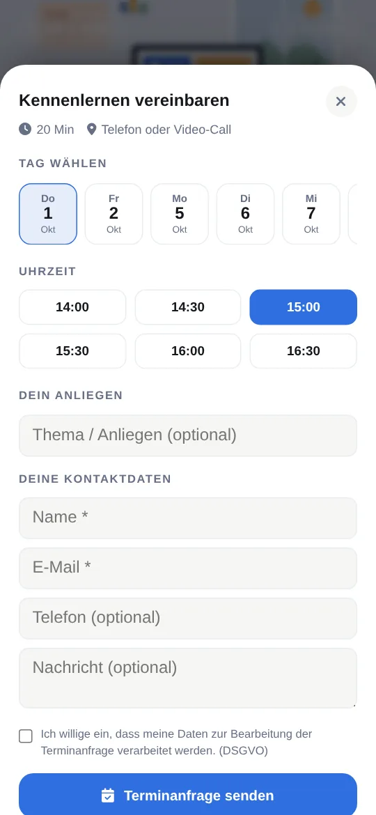 Fenster „Kennenlernen vereinbaren“: Tag wählen, Uhrzeiten, 15:00 Uhr ausgewählt, Felder für Name und E-Mail