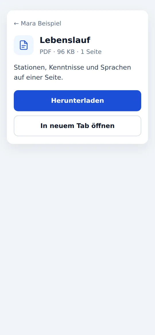 Dokumentseite „Lebenslauf“ mit den Knöpfen „Herunterladen“ und „In neuem Tab öffnen“